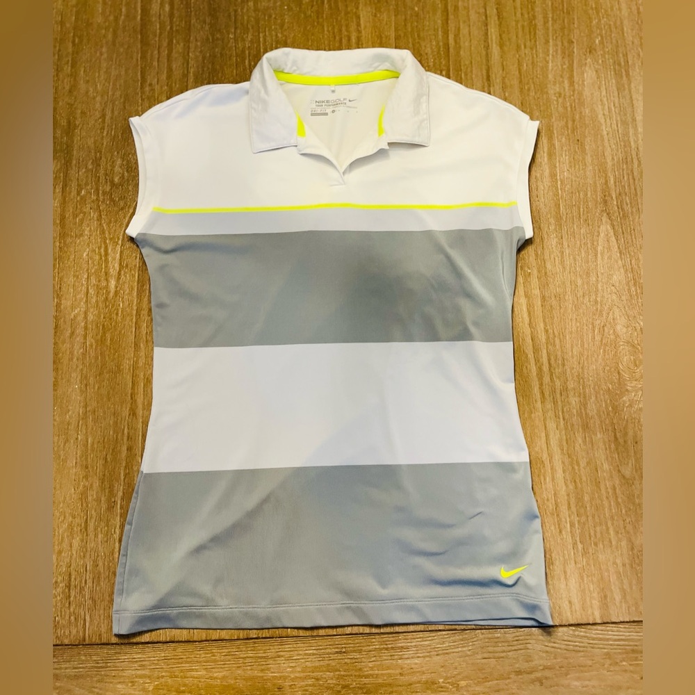 Nike Dri-Fit women’s athletic golf striped tennis shirt/white gray-size medium